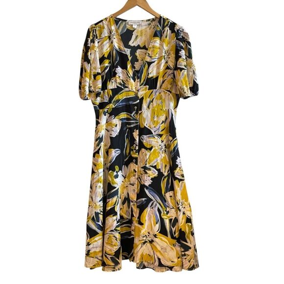 Amour Vert Odette 100% Silk Yellow and Black Floral Midi Fit Flare Dress Large - Picture 1 of 10